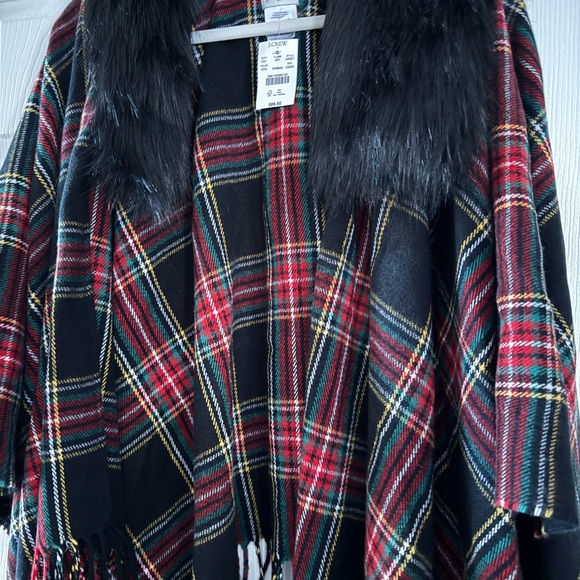 J. Crew Sweaters - J. Crew Black and Red Plaid Poncho with Faux Fur